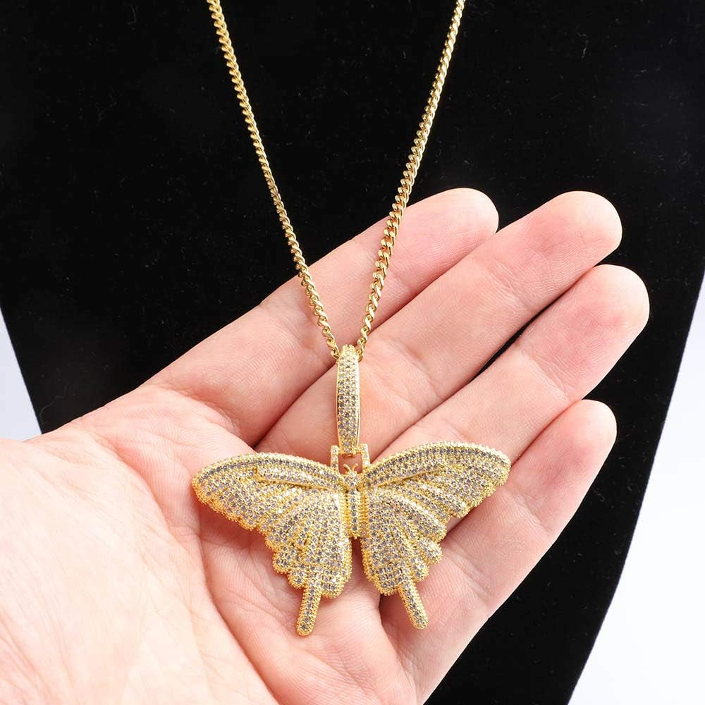 Silver Plated CZ Iced Out Bling Butterfly Chain Necklace Party Jewelry for Men Women